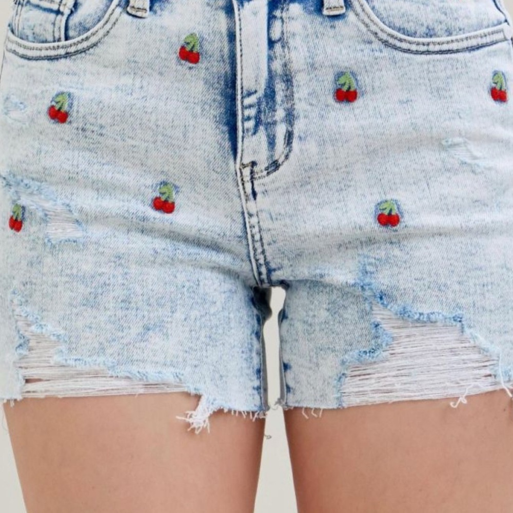 Judy Blue High Waisted Cherry Embroidery Acid Wash Shorts
